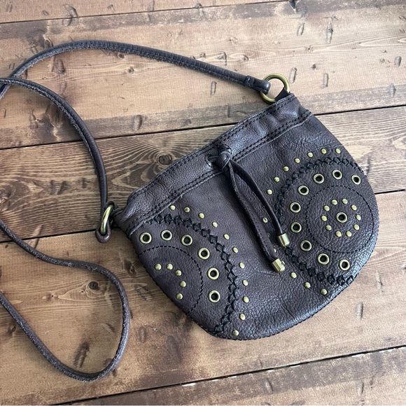 Fossil Small Brown Leather Crossbody Embellished Studded Purse Boho Festival Bag - Picture 10 of 15